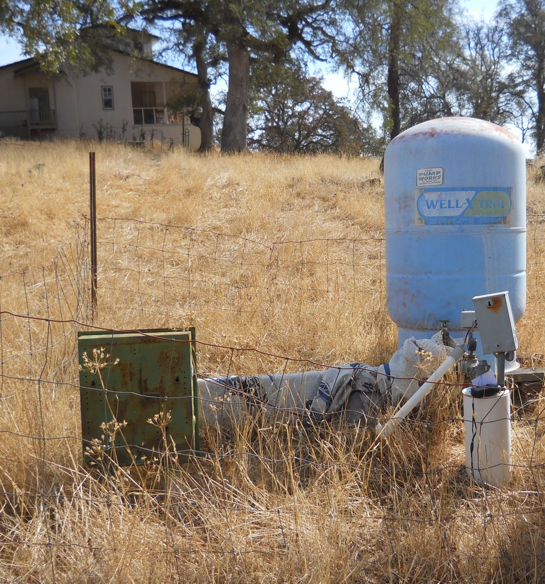 A blue bladder pressure tank with a pressure switch on outdoor wellhead plumbing in dry grass, with a house behind