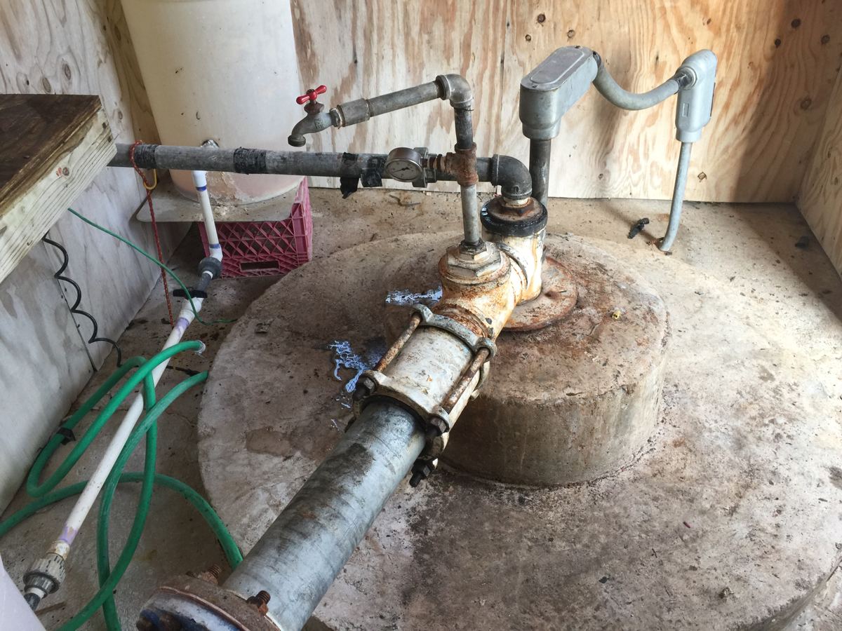 Inside a plywood well house: a well casing on a concrete pad with galvanized discharge pipe, a pressure gauge, a hose bib and garden hoses